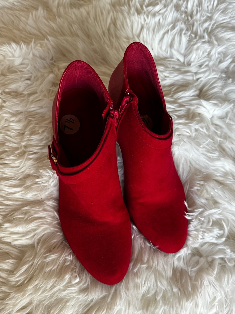 Ellen Tracy Red Suede Ankle Booties with Buckle Detail